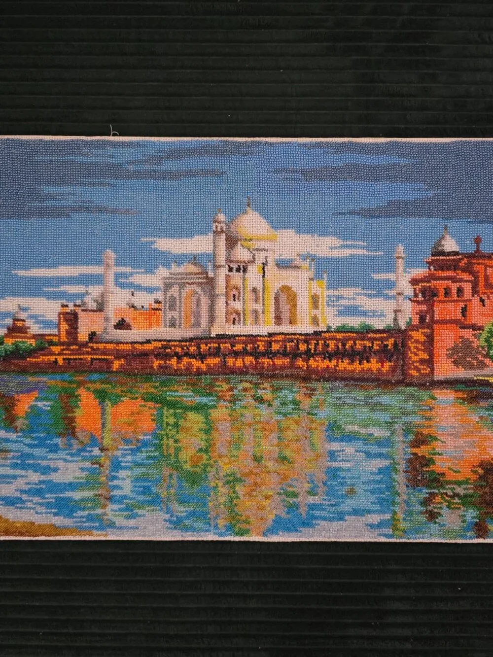 Handmade Czech Beaded Embroidery Taj Mahal Beadwork Art on Canvas India Landmark